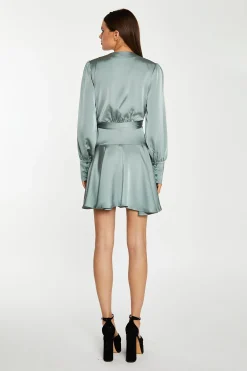 Glamorous Day Dresses|Satin Dresses|Dusty-Green Satin Wrap Mini-Dress -