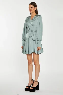 Glamorous Day Dresses|Satin Dresses|Dusty-Green Satin Wrap Mini-Dress -