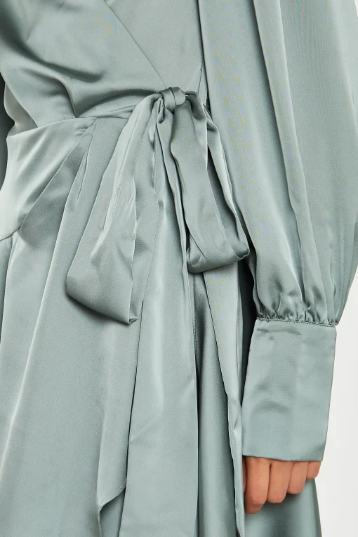 Glamorous Day Dresses|Satin Dresses|Dusty-Green Satin Wrap Mini-Dress -