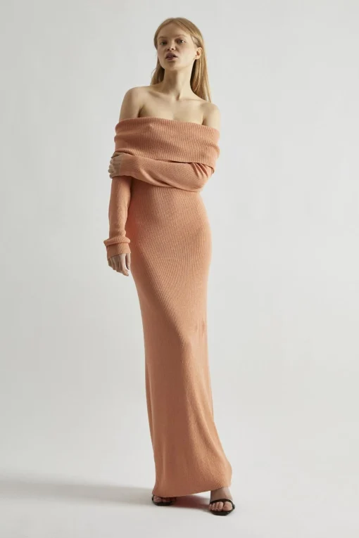 Glamorous Day Dresses|Party Dresses|Dusty-Peach Glitter Knitted Bardot Maxi-Dress -