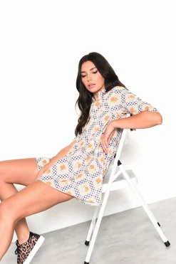 Glamorous Mini Dresses|Mini Dresses|Floral-Cottage-Gingham Collard-Button-Up Mini-Dress -