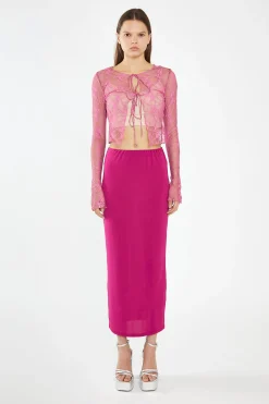 Glamorous Going Out Tops|Fuchsia Lace Tie-Front Flare-Sleeve Top -