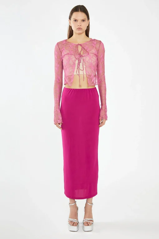 Glamorous Going Out Tops|Fuchsia Lace Tie-Front Flare-Sleeve Top -