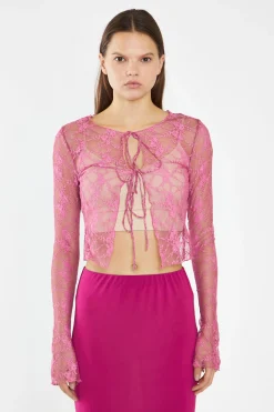 Glamorous Going Out Tops|Fuchsia Lace Tie-Front Flare-Sleeve Top -