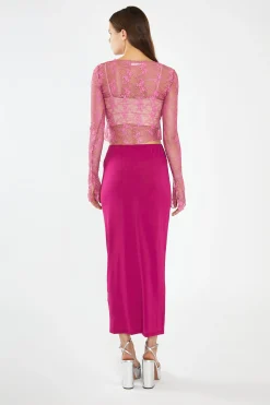 Glamorous Going Out Tops|Fuchsia Lace Tie-Front Flare-Sleeve Top -