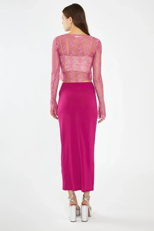 Glamorous Going Out Tops|Fuchsia Lace Tie-Front Flare-Sleeve Top -