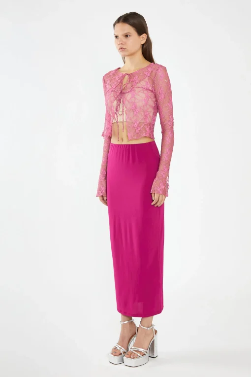Glamorous Going Out Tops|Fuchsia Lace Tie-Front Flare-Sleeve Top -