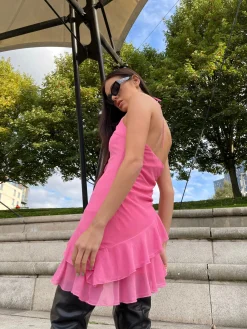 Glamorous Go To Partywear|Chic Escapes|Fuchsia Ruffle Halterneck Mini-dress -