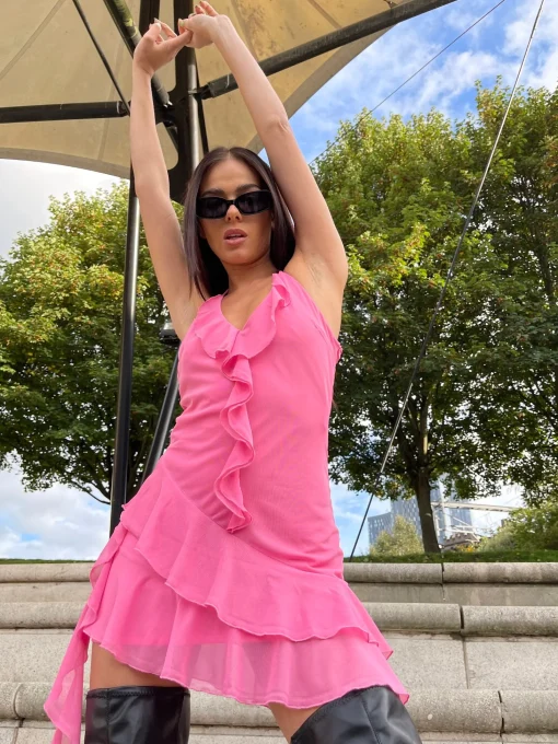 Glamorous Go To Partywear|Chic Escapes|Fuchsia Ruffle Halterneck Mini-dress -