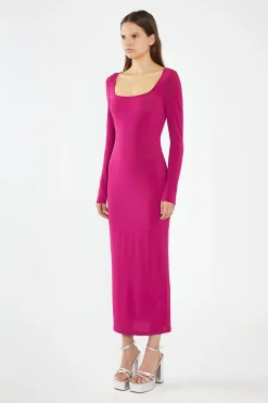 Glamorous Graduation|Best Dressed Guest|Fuchsia Square-Neck Bodycon Maxi-Dress -