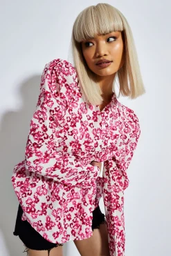 Glamorous Blouses & Shirts|Fuchsia Texture Ditsy Puff Shoulder Belted Blouse -