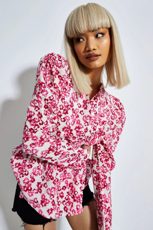 Glamorous Blouses & Shirts|Fuchsia Texture Ditsy Puff Shoulder Belted Blouse -