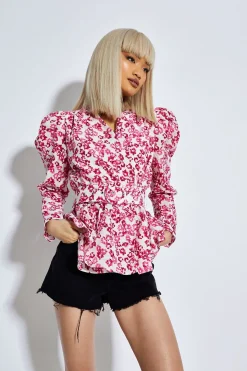 Glamorous Blouses & Shirts|Fuchsia Texture Ditsy Puff Shoulder Belted Blouse -