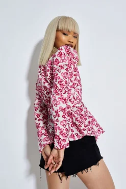 Glamorous Blouses & Shirts|Fuchsia Texture Ditsy Puff Shoulder Belted Blouse -