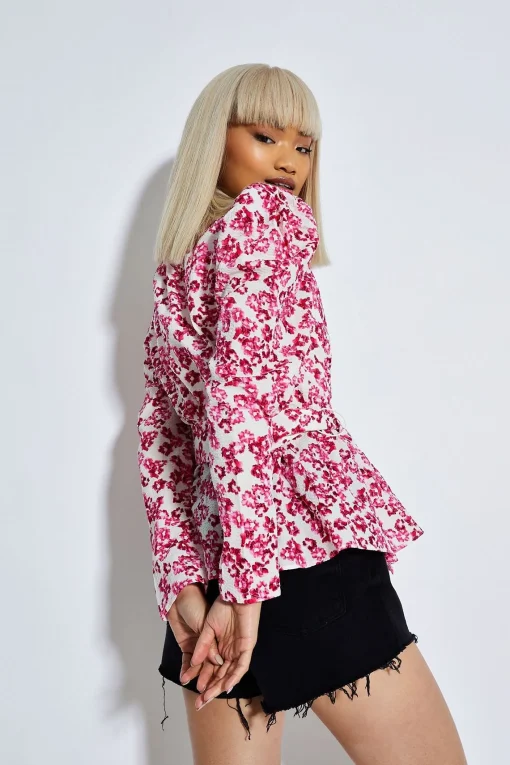 Glamorous Blouses & Shirts|Fuchsia Texture Ditsy Puff Shoulder Belted Blouse -