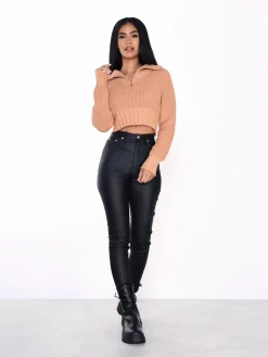 Glamorous Jumpers|Apricot Quarter Zip Crop Ribbed-Jumper -