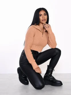 Glamorous Jumpers|Apricot Quarter Zip Crop Ribbed-Jumper -