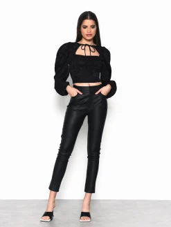 Glamorous Going Out Tops|Black Brocade Tie Neck Puff Sleeve Crop Top -