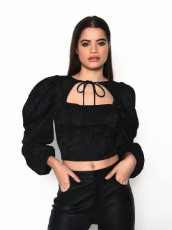 Glamorous Going Out Tops|Black Brocade Tie Neck Puff Sleeve Crop Top -