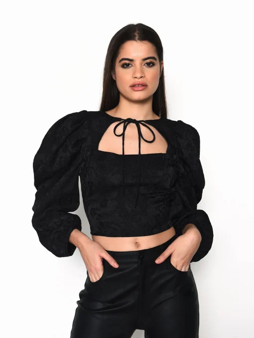 Glamorous Going Out Tops|Black Brocade Tie Neck Puff Sleeve Crop Top -