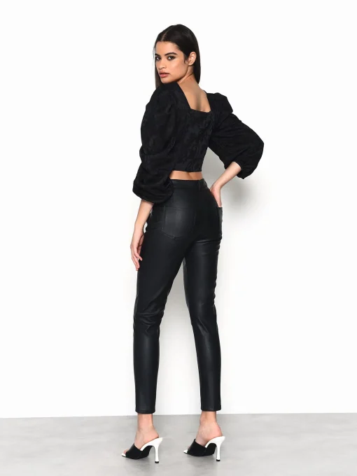 Glamorous Going Out Tops|Black Brocade Tie Neck Puff Sleeve Crop Top -