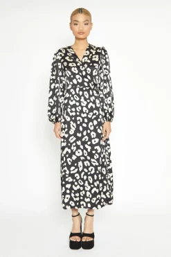 Glamorous Workwear|Day Dresses|Black Cream Large Leopard V Neck Long Sleeve Wrap Dress -