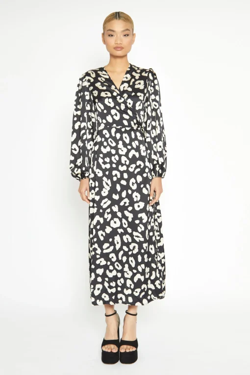Glamorous Workwear|Day Dresses|Black Cream Large Leopard V Neck Long Sleeve Wrap Dress -