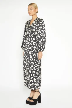Glamorous Workwear|Day Dresses|Black Cream Large Leopard V Neck Long Sleeve Wrap Dress -