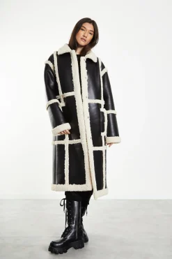 Glamorous Workwear|Longline Coats|Black Cream Long Shearling Seamed Coat with Collar -