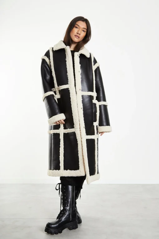 Glamorous Workwear|Longline Coats|Black Cream Long Shearling Seamed Coat with Collar -