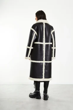 Glamorous Workwear|Longline Coats|Black Cream Long Shearling Seamed Coat with Collar -
