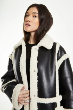 Glamorous Workwear|Longline Coats|Black Cream Long Shearling Seamed Coat with Collar -