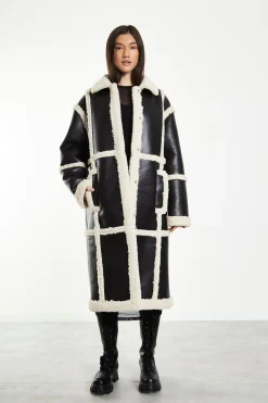 Glamorous Workwear|Longline Coats|Black Cream Long Shearling Seamed Coat with Collar -