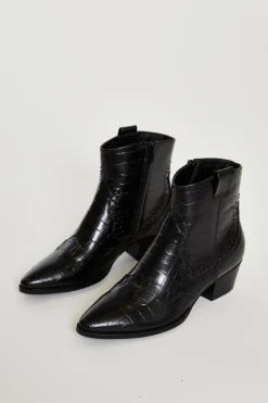 Glamorous Boots|Heels|Black Croc Western Block Heel Ankle Boots -