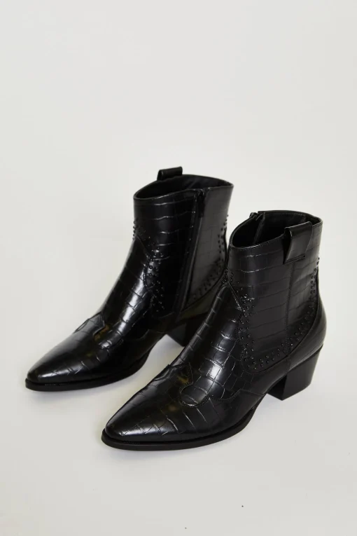Glamorous Boots|Heels|Black Croc Western Block Heel Ankle Boots -