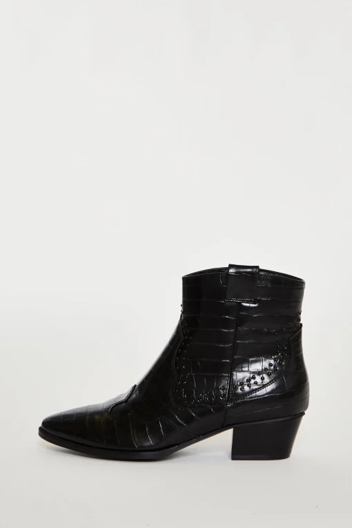 Glamorous Boots|Heels|Black Croc Western Block Heel Ankle Boots -