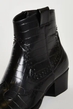 Glamorous Boots|Heels|Black Croc Western Block Heel Ankle Boots -