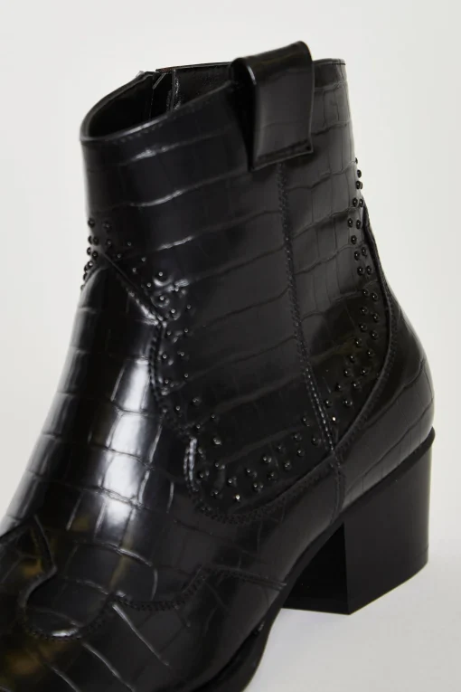 Glamorous Boots|Heels|Black Croc Western Block Heel Ankle Boots -