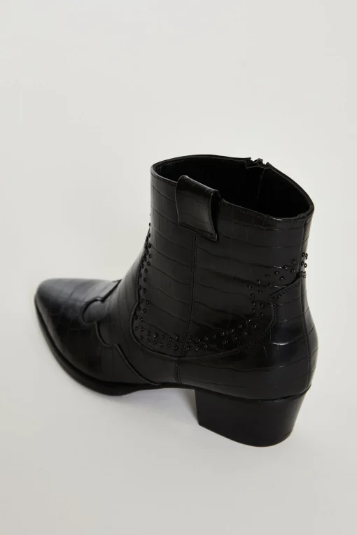 Glamorous Boots|Heels|Black Croc Western Block Heel Ankle Boots -