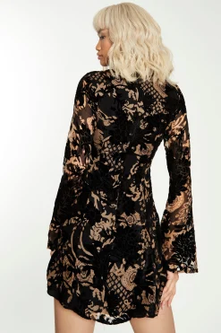 Glamorous Go To Partywear|Mini Dresses|Black Devore Lace Up Front Mini-Dress -