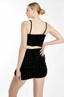 Glamorous Go To Partywear|Going Out Tops|Black Diamante Velvet Cowl Neck Cami Top with Cropped Dipped -