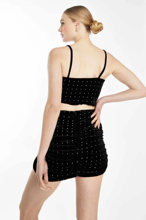 Glamorous Go To Partywear|Going Out Tops|Black Diamante Velvet Cowl Neck Cami Top with Cropped Dipped -
