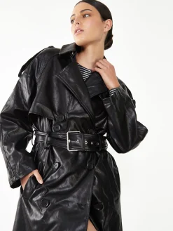 Glamorous Go To Partywear|Faux Fur & Leather|Black Faux Leather Longline Trench Coat -