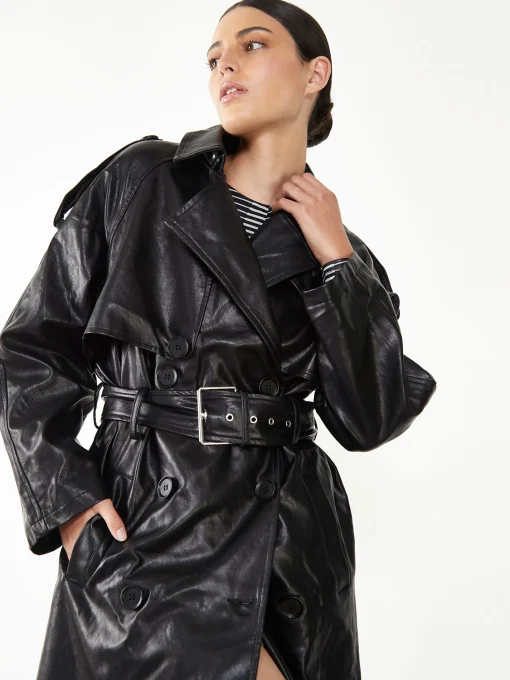 Glamorous Go To Partywear|Faux Fur & Leather|Black Faux Leather Longline Trench Coat -