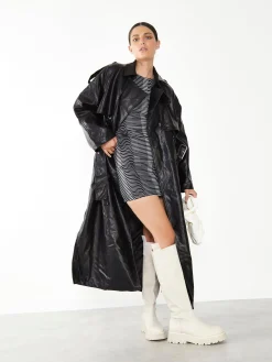 Glamorous Go To Partywear|Faux Fur & Leather|Black Faux Leather Longline Trench Coat -