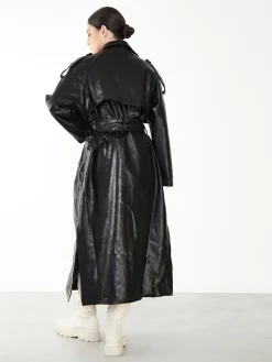 Glamorous Go To Partywear|Faux Fur & Leather|Black Faux Leather Longline Trench Coat -