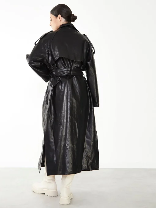 Glamorous Go To Partywear|Faux Fur & Leather|Black Faux Leather Longline Trench Coat -