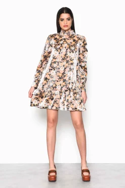 Glamorous Day Dresses|Mini Dresses|Black Gold Multi Floral High Neck Mini Dress with Gathered T -