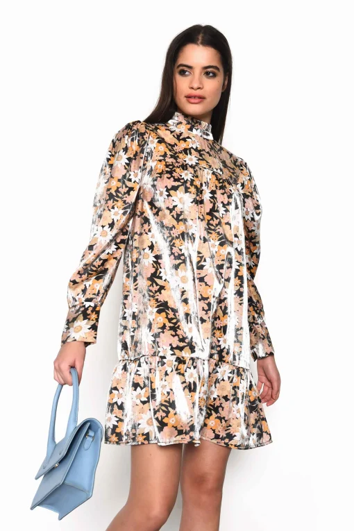 Glamorous Day Dresses|Mini Dresses|Black Gold Multi Floral High Neck Mini Dress with Gathered T -