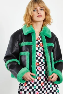 Glamorous Coats|Black Green Cropped Shearling Trim Coat -